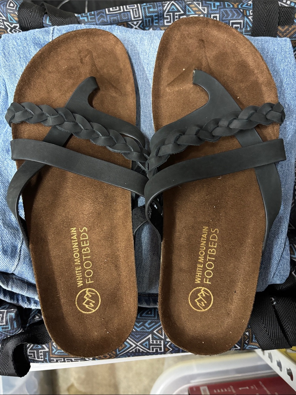 White Mountain Black Braided Toe-Post Sandals